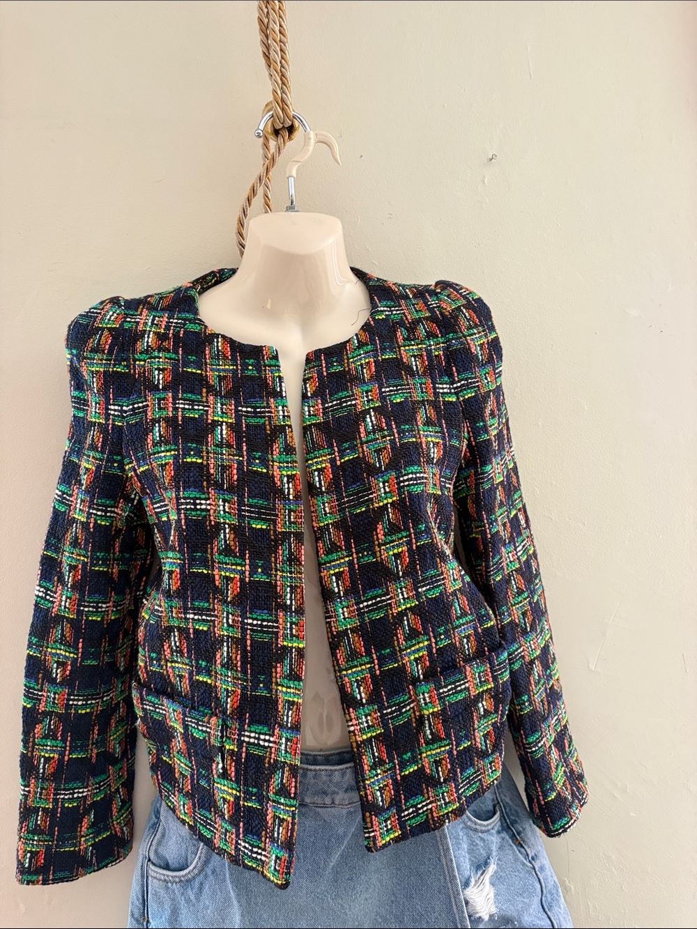 Zara Navy Tweed Plaid Open-Front Blazer